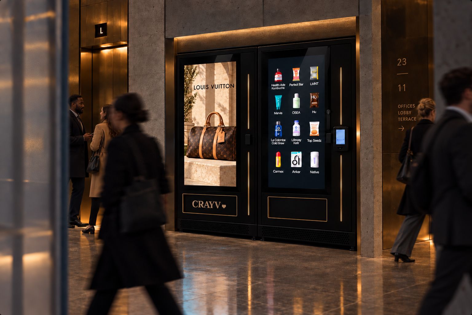 Residents pass a softly lit Crayv micro-store in a lobby